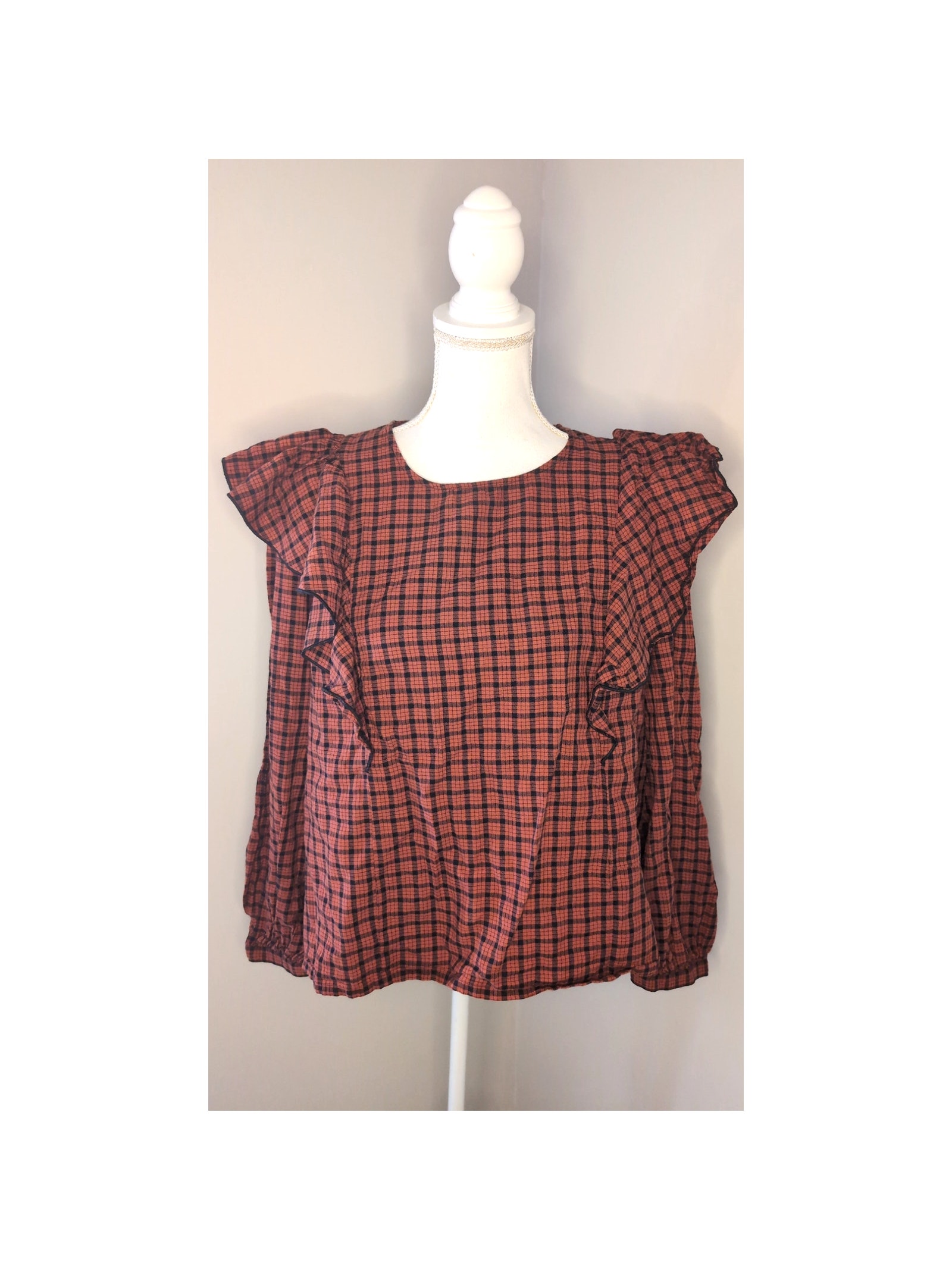 Madewell Burnt Orange Plaid Ruffle Sleeve Blouse Xl Boho Top